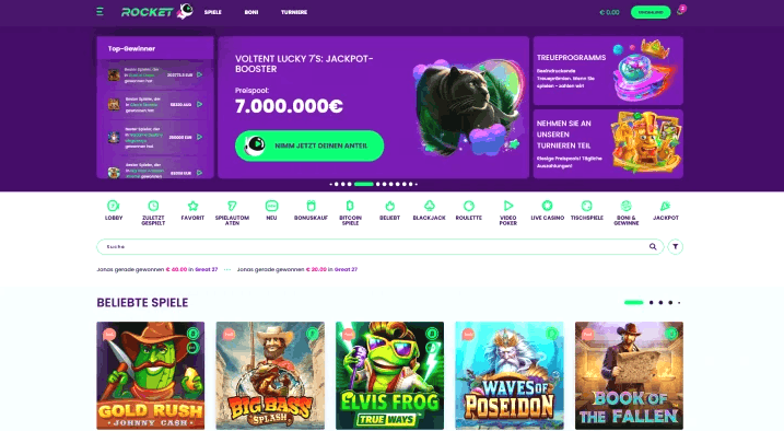 Detaillierter Screenshot der Rocket Casino Spielhalle mit Slotmaschinen, Tischspielen und Live Casino Bereichen